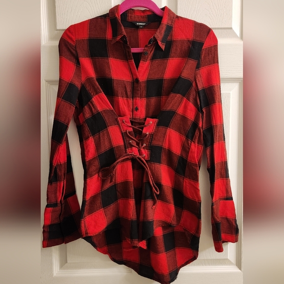 Express Tops - Express Button Down Shirt With Corset Detail